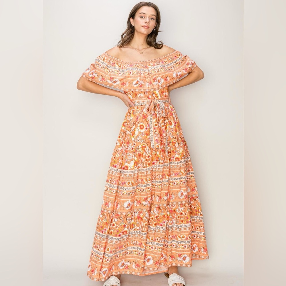 Off the Shoulder Floral Orange Maxi Dress NWT - Picture 3 of 10
